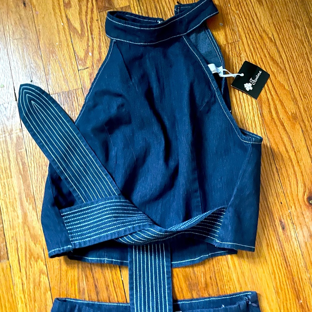 Jean halter and matching wide leg cropped bell pants.